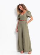 Macac�o Pantalona Verde Oliva em Crepe com Decote Quadrado e Manga Curta