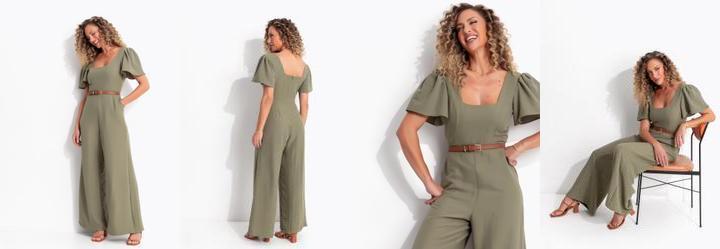 Macac�o Pantalona Verde Oliva em Crepe com Decote Quadrado e Manga Curta