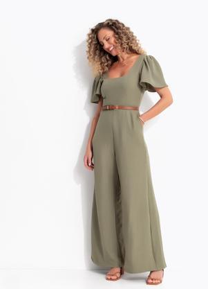 Macac�o Pantalona Verde Oliva em Crepe com Decote Quadrado e Manga Curta