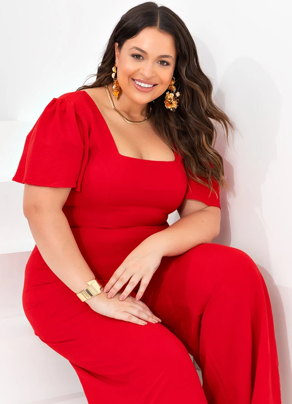 Quintess - Macacão Vermelho em Crepe Plano 3