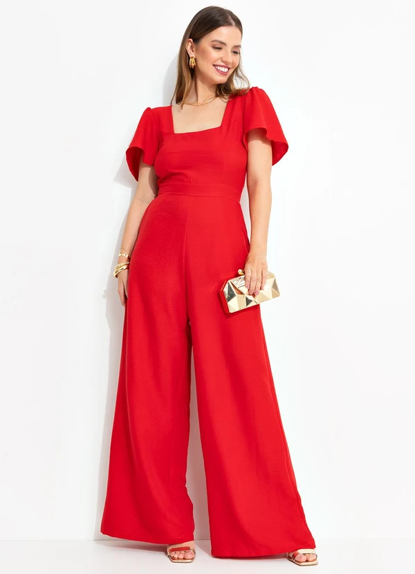 Quintess - Macacão Vermelho em Crepe Plano 12