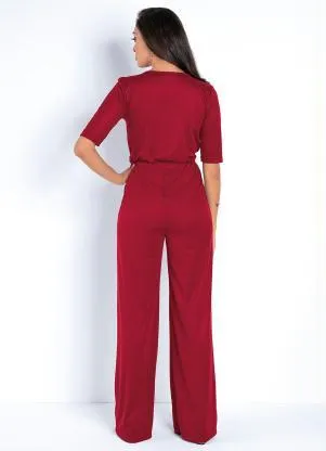 Moda Pop - Macacão Vermelho Pantalona com Fivela na Cintura - MODA POP