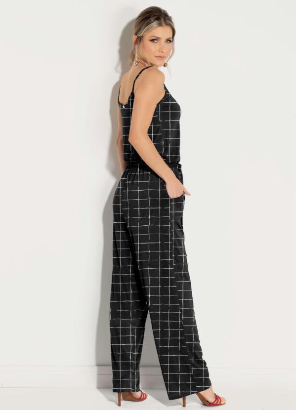 Quintess - Macacão Xadrez Grid com Alcinhas e Faixa 2