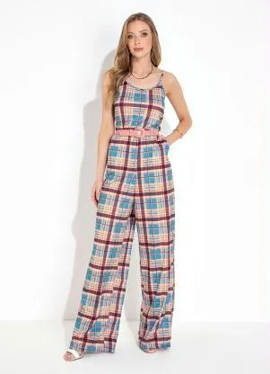 Moda Pop - Macacão Xadrez Marrom Modelo Pantalona com Alças - MODA POP