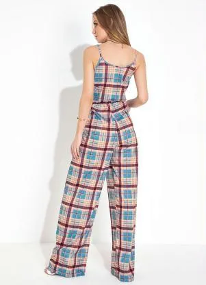 Moda Pop - Macacão Xadrez Marrom Modelo Pantalona com Alças - MODA POP