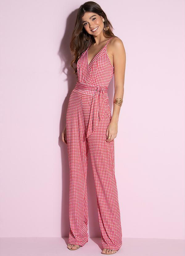 Quintess - Macacão Xadrez Vichy Branco e Vermelho de Alças