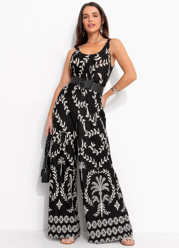 Quintess - Macacão Barrado Coqueiros em Malha de Viscose