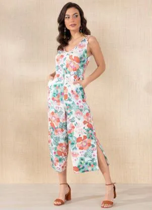 Queima Estoque - Macacão Floral Borrado com Ilhós nas Costas - QUEIMA ESTOQUE