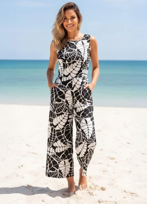 Quintess - Macacão Folhagem Preta em Crepe Plano - QUINTESS