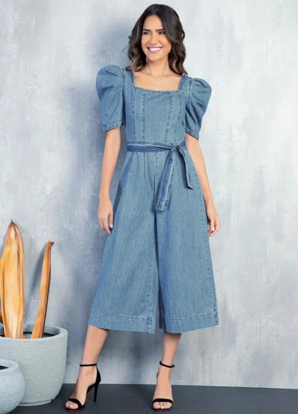 Quintess - Macacão Jeans Médio com Mangas Bufantes e Faixa