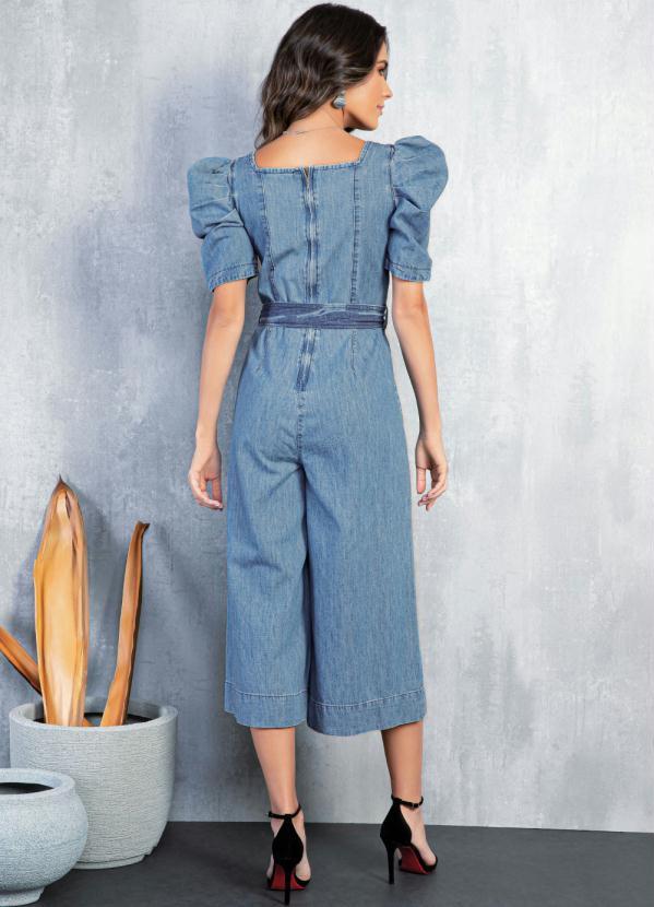 Quintess - Macacão Jeans Médio com Mangas Bufantes e Faixa 2