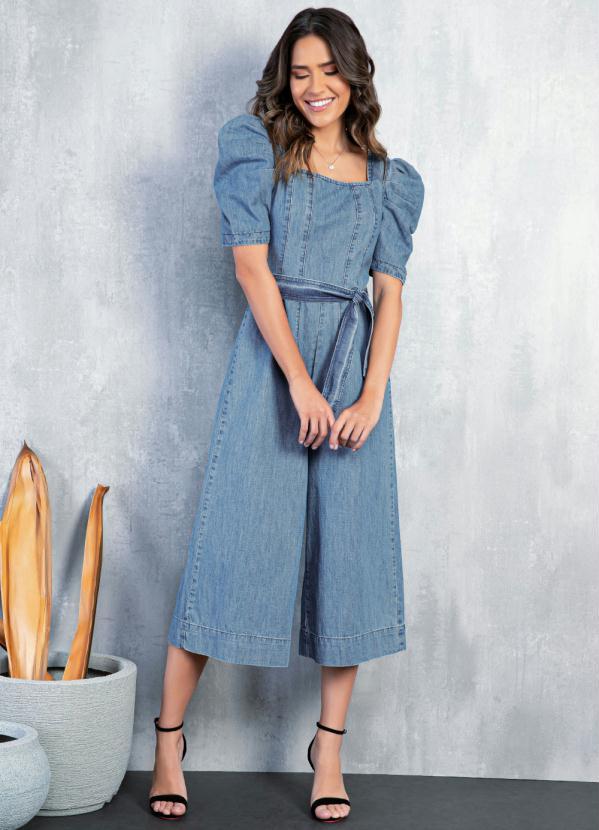 Quintess - Macacão Jeans Médio com Mangas Bufantes e Faixa 3