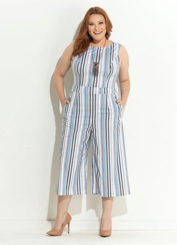 Quintess - Macacão Pantacourt Azul, Branco e Bege 2