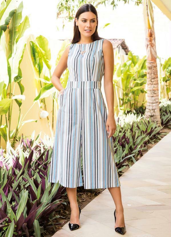 Quintess - Macacão Pantacourt Azul, Branco e Bege 3