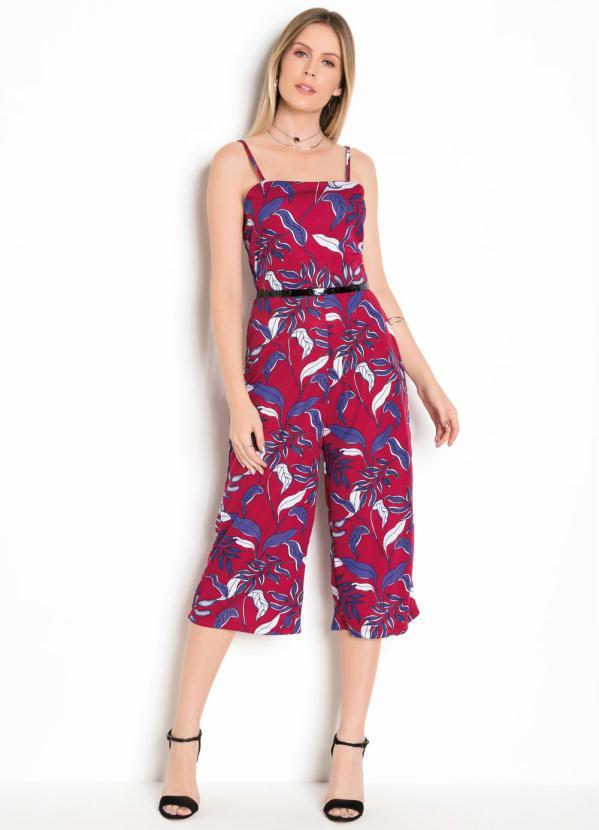 Moda Pop - Macacão Pantacourt com Alças Folhas Bordô 3