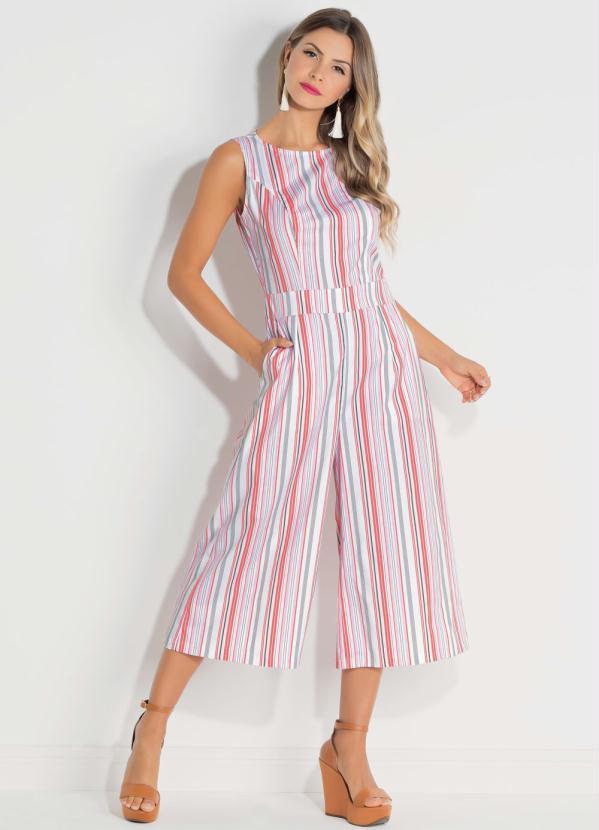 Quintess - Macacão Pantacourt Listrado Rosa