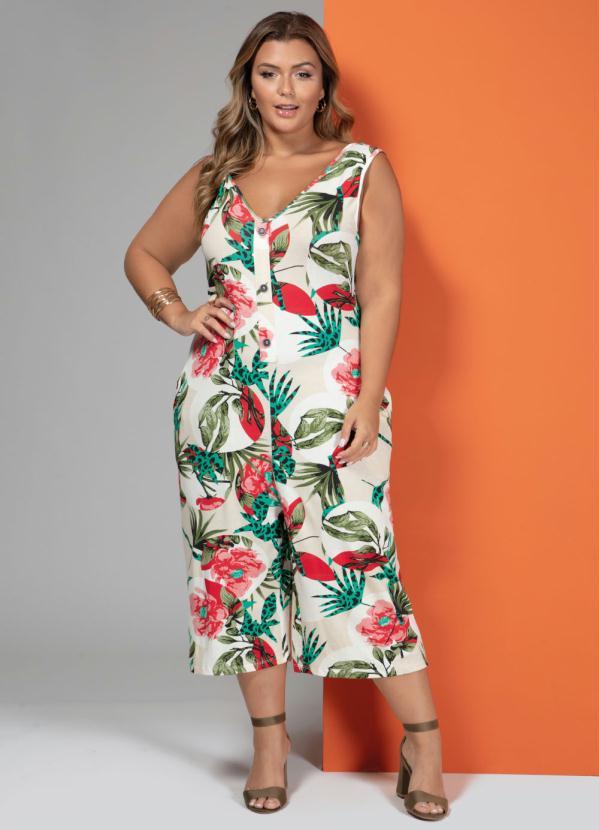 Quintess - Macacão Pantacourt Tropical Bege com Bolsos 3