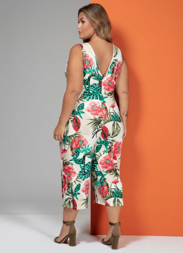 Quintess - Macacão Pantacourt Tropical Bege com Bolsos 4