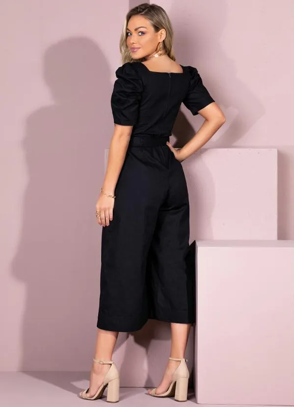 Quintess - Macacão Preto com Mangas Bufantes e Faixa 3