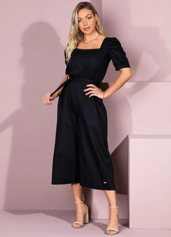 Quintess - Macacão Preto com Mangas Bufantes e Faixa 4