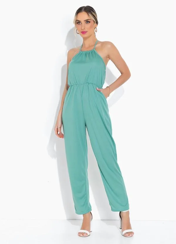 Moda Pop - Macacão Verde com Bolsos e Frente Única