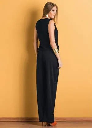 Moda Pop - Macacão Decote Transpassado Preto - MODA POP