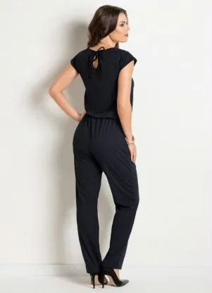 Moda Pop - Macacão Preto Costas Gota e Amarração - MODA POP