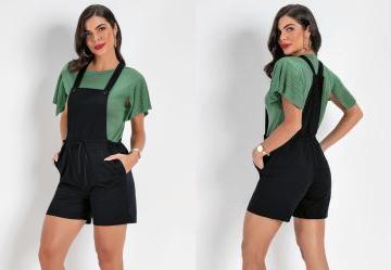 Jardineira Preta com C�s Ajust�vel e Bolsos