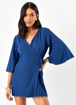 Quintess - Macacão Azul em Crepe Plano Sarjado - QUINTESS