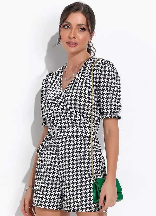 Moda Pop - Macacão Pied de Poule P&B em Poliviscose