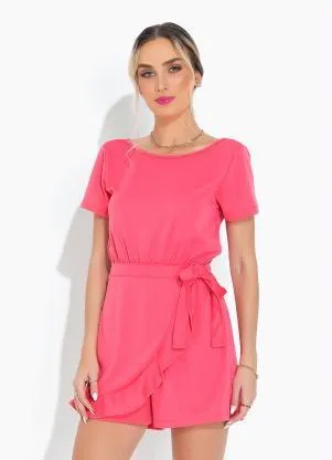 Moda Pop - Macaquinho Coral com Sobreposição - MODA POP