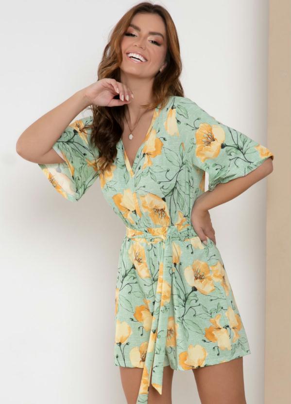 Quintess - Macaquinho Floral Amarelo com Decote V