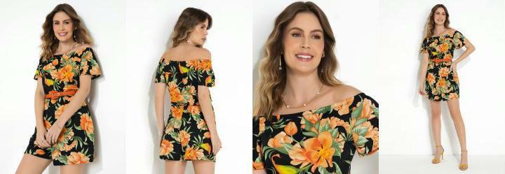 Macaquinho Floral Preto Ombro a Ombro