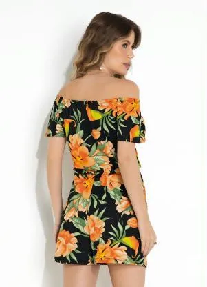 Moda Pop - Macaquinho Floral Preto Ombro a Ombro - MODA POP