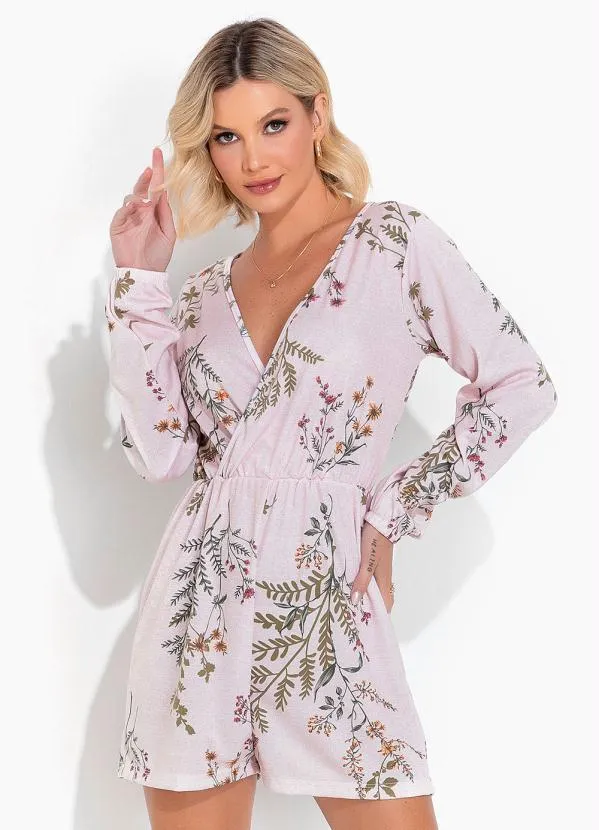 Moda Pop - Macaquinho Floral Rosa com Decote Transpassado