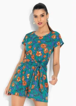 Moda Pop - Macaquinho Floral Verde com Faixas para Amarrar - MODA POP