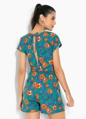 Moda Pop - Macaquinho Floral Verde com Faixas para Amarrar - MODA POP
