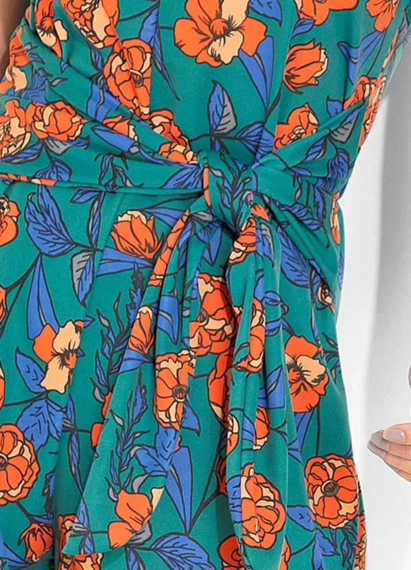 Moda Pop - Macaquinho Floral Verde com Faixas para Amarrar 3