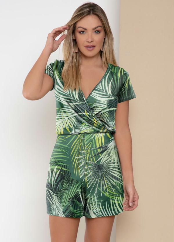 Quintess - Macaquinho Folhagem Verde com Elástico na Cintur