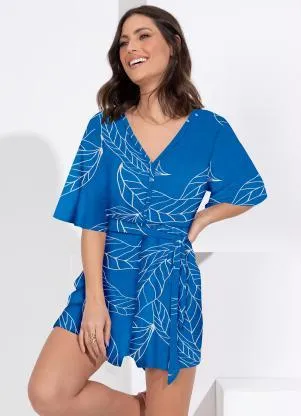 Quintess - Macaquinho Folhas Azul com Decote V - QUINTESS