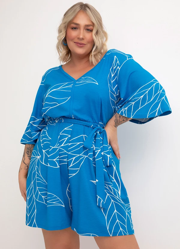Quintess - Macaquinho Folhas Azul com Decote V 6