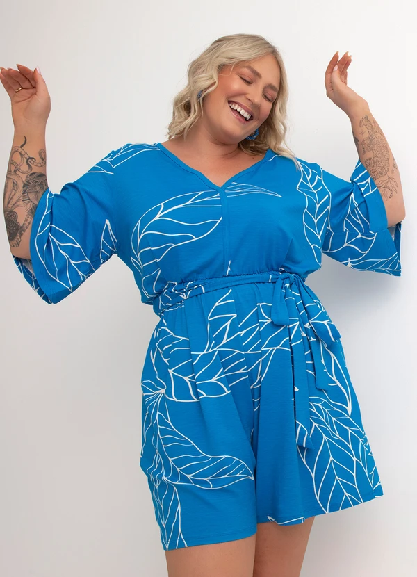 Quintess - Macaquinho Folhas Azul com Decote V 8