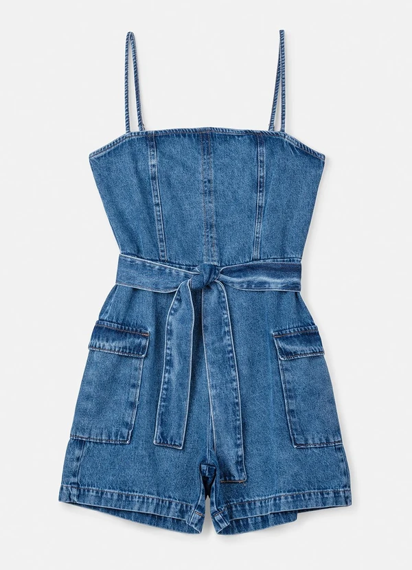 Authoria - Macaquinho Jeans com Cinto Faixa Azul