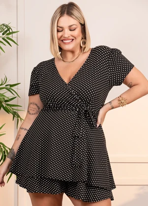 Quintess - Macaquinho Poá Fundo Preto em Malha de Viscose - QUINTESS