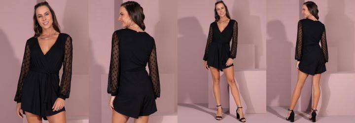 Macaquinho Preto com Mangas em Tule