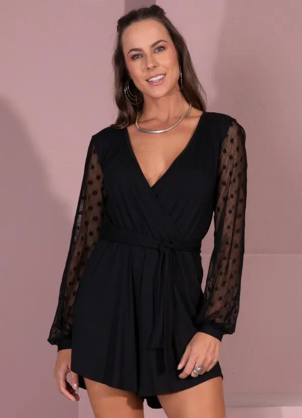 Quintess - Macaquinho Preto com Mangas em Tule