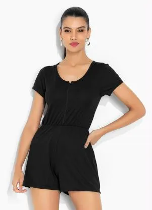 Moda Pop - Macaquinho Preto com Zíper e Elástico na Cintura - MODA POP