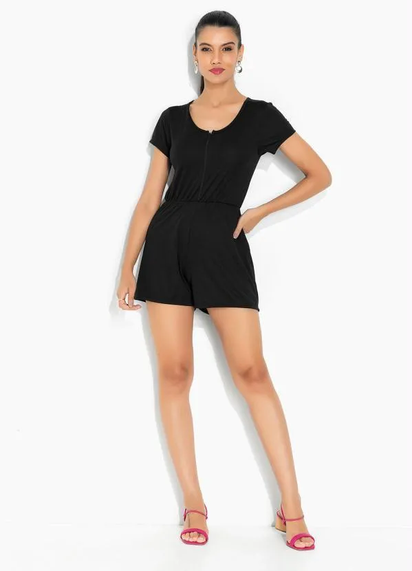 Moda Pop - Macaquinho Preto com Zíper e Elástico na Cintura 4