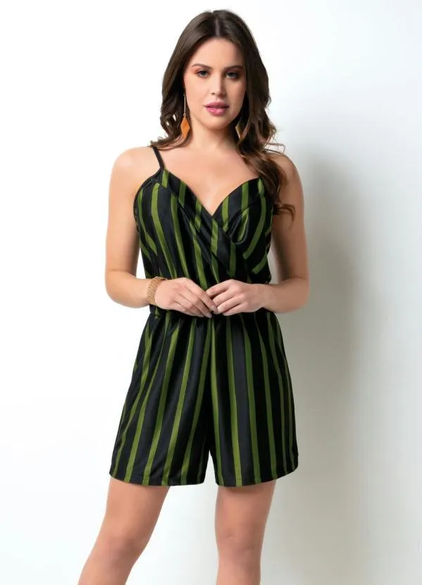 Moda Pop - Macaquinho Preto e Verde com Alças