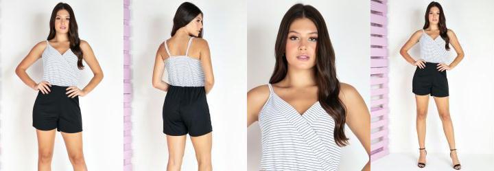 Macaquinho Transpassado Listrado/Preto com Alas